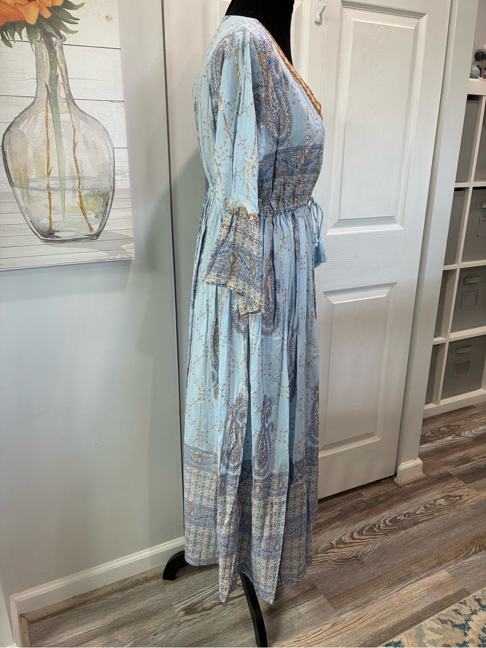 Light Blue Paisley Boho Maxi Dress with Tassel Tie - Picture 4 of 8